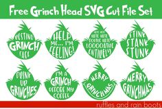 the grinch head svg cut file set is shown in green and has an image of