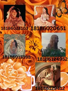 a collage of photos with orange flowers and an image of a woman in a dress