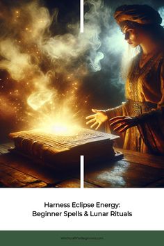 Woman in mystical attire casting a spell over an ancient book with glowing light.