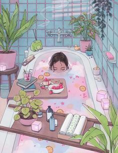 a painting of a woman in a bathtub with food and drinks on the table