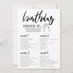 a white card with black lettering that says birthday drink it