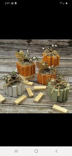 several small boxes with plants in them sitting on the ground next to some wood planks