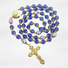 Gold Blue Crystal Rosary Crystallized Beads Necklace Miraculous Locket Medal Nazareth Store Gift Of Blue Polished Beads, Blue Spiritual Necklaces With Large Beads, Spiritual Blue Necklaces With Large Beads, Blue Beaded Rosary As A Gift, Blue Czech Glass Jewelry With Large Beads, Blue Necklaces With 8mm Beads For Jewelry Making, Blue Necklaces With Large Beads For Gift, Blue Beaded Necklaces With Round Beads As Gift, Blue Beaded Necklaces With Round Beads For Gifts