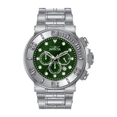 This eye-catching Invicta watch from the Subaqua collection is powered by an accurate Quartz movement, with a steel case. Its face is decorated by a green, metal dial, and protected by a sturdy Mineral Crystal. A steel, stainless steel band completes this timepiece that can resist water for up to 100 m. Led with expert engineering, no feat or occasion will ever be too great for Invicta's Subaqua to handle. The sheer magnitude of this mighty timepiece is superbly executed with surgical-grade stainless steel, Swiss movements and multiple color options of ionic plating. Managing up to 500 meters of water, finished off with a unidirectional rotating bezel, and integrated shock resistance- the Invicta Subaqua is the diver definitive in negotiating any adventure by land or by sea.From Invicta's Green Watches With Metal Dial For Outdoor, Green Outdoor Watches With Metal Dial, Green Outdoor Watch With Metal Dial, Green Stainless Steel Watch Accessories With Round Dial, Silver Outdoor Watch With Subdials, Green Chronograph Stainless Steel Watch, Green Chronograph Watch With Analog Round Dial, Green Stainless Steel Chronograph Watch, Luxury Green Chronograph Watch With Analog Display