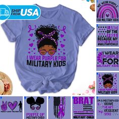 Purple Up Military Child Shirt, Month of the Military Child T-Shirt, Military Kids Toddler Tee, Purple Up For Military Kid Strong Gift PV326 Thank you for choosing our store! My goal is to provide you with a pleasant shopping experience, and I am always available to assist you. If you have any special requests or questions, please do not hesitate to message me, and I will respond as soon as possible. Here is some helpful information to guide you: HOW TO ORDER: Select your desired color and size. Purple T-shirt With Letter Print For Awareness Events, Purple T-shirt For Awareness Events With Letter Print, Purple Casual Top For Awareness Events, Cotton Tops With Letter Print For Awareness Events, Casual Purple Top For Awareness Events, Month Of The Military Child, Military Kids, Bella Canvas Tees, Ribbed Bodysuit