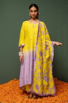 Buy Yellow Kurta And Dupatta Chanderi Silk & Pants Cotton Print & Ombre Set For Women by Chrkha Online at Aza Fashions. Kurta And Dupatta, Rahul Mishra, Yellow Kurta, Anarkali Dress Pattern, Ombre Print, Dress Fancy, Yellow Ombre, Floral Chiffon Dress, Pants Cotton