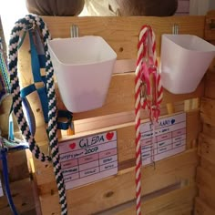 there are two cups on the back of a horse stall with ribbons attached to it