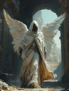 an angel with white wings is walking through a tunnel in the desert near rocks and trees