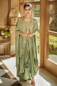 Shop for Matsya Green Silk Aurora Dhoti Set With Cape for Women Online at Aza Fashions Dhoti Skirt, Green Aurora, Cape For Women, Cape Set, Wedding Lehenga Designs, Embellished Belt, Scooped Neckline, Wedding Dresses For Girls, Sharara Set