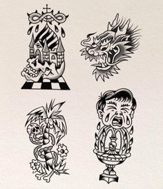 four different tattoo designs are shown in black and white