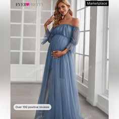 Blue Maternity Tulle Style Dress. Size 6 (M) New, Never Worn Off The Shoulder Tulle Dress, Dress With Skirt, Blue Maternity Dress, Ever Pretty, Baby Shower Dresses, Maternity Gowns, Shein Dress, Off The Shoulder Dress, Flounce Sleeve