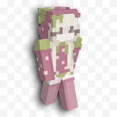 an image of a pixellated character with pink and green colors on his body, standing in