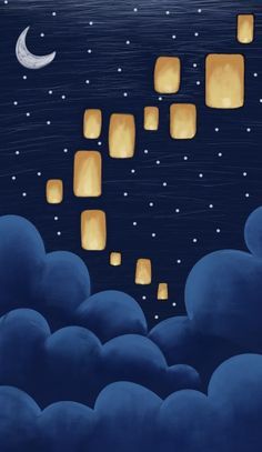 paper lanterns floating in the sky above clouds at night with crescent moon and stars overhead