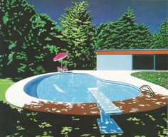 a painting of a swimming pool in the middle of a yard with trees and bushes around it