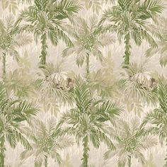 a wallpaper with palm trees and flowers on the back ground, in shades of green