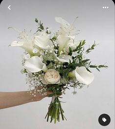 a hand holding a bouquet of white flowers