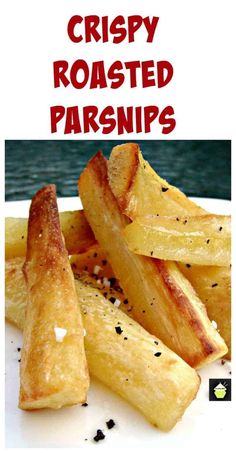 crispy roasted parsnips on a white plate with red text overlay