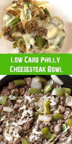 low carb phily cheesesteak bowl with green peppers and onions in it