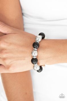 A collection of white rhinestone encrusted rings, shiny black beads, and classic silver beads are threaded along a stretchy band around the wrist for a glamorous look. Sold as one individual bracelet. Glamorous Look, Black Bracelet, Not Sorry, Box Accessories, Black Bracelets, Paparazzi Accessories, Stretchy Bracelets, White Rhinestone, Paparazzi Jewelry