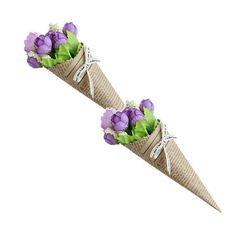 two cones filled with purple flowers on top of each other