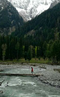 a person standing on a log in the middle of a river with mountains in the background