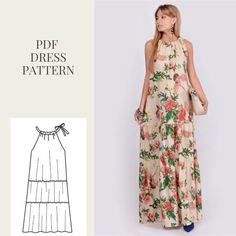 a woman wearing a dress with flowers on it and the pattern below her is an image of