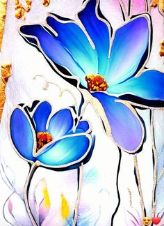 two blue flowers on a white and gold background