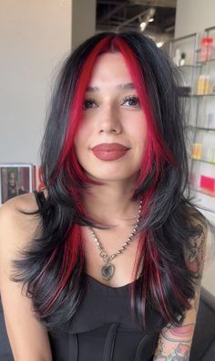 Red Highlights Black Hair, Red Hair Black Hair, Halo Hair Color, Red Halo Hair, 100 Years Of Makeup, Highlights Black Hair, Black Hair With Red, Black Hair With Red Highlights, Black And Red Hair