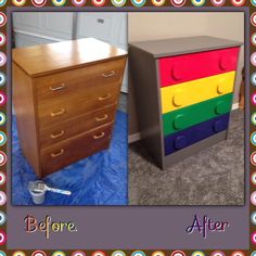 three different colored lego drawers in the same room, one is made out of wood