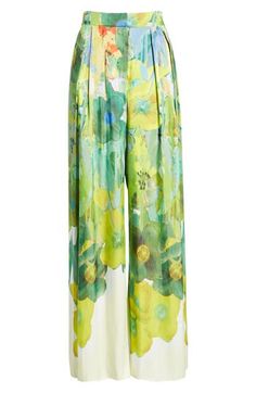 Vibrant watercolor blooms embolden these polished pants punctuated with flowy wide legs. 100% polyester Dry clean Imported Spring Floral Print Wide Leg Pants, Spring Floral Print Green Wide Leg Pants, Spring Green Floral Print Wide Leg Pants, Spring Green Wide Leg Pants With Floral Print, Elegant Green Floral Print Bottoms, Silk Wide-leg Pants For Summer, Elegant Floral Print Wide Leg Pants For Spring, Elegant Wide Leg Pants With Floral Print For Spring, Elegant Floral Print Wide-leg Pants