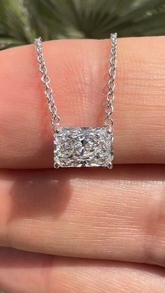 Lab Grown Radiant East-West Diamond Solitaire Necklace Solitaire Necklace, Diamond Solitaire Necklace, Halo Setting, Solitaire Necklaces, Radiant Diamond, Diamonds And Gold, 3 Carat, East West, Trendy Jewelry