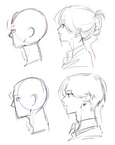 four different angles of the head and neck of a woman's head, with one drawing