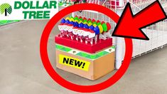 a shopping cart with dollar tree items in it and an arrow pointing to the new one