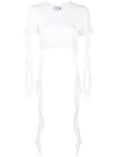 white round neck short sleeves ruffle cuffs ruffle hem Chic Short Sleeve Crop Top With Ruffles, White Crew Neck Crop Top For Party, White Cropped Ruffle Tops, White Ruffles Crop Top, White Ruffled Crop Top, White Ruffled Crop Top For Party, Crop Top Blanco, Ruffle T Shirt, Cotton Crop Top