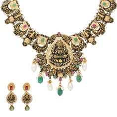 Discover the epitome of grace and opulence with this 22k antique gold jewelry set by Virani Jewelers. This ensemble is a celebration of temple jewelry craftsmanship, meticulously designed to grace your neck and ears with timeless elegance. Crafted in exquisite 22k antique gold, each piece included in this Indian gold jewelry set embodies the essence of tradition and luxury. Wearing this 22k antique gold jewelry set isn't just about fashion; it's about embracing your unique style and heritage. El Gold Jewelry Set, Indian Gold Jewelry, Temple Jewelry, Gold Jewelry Sets, Antique Gold Jewelry, Gold Jewelry Indian, Temple Jewellery, Antique Finish, Antique Gold