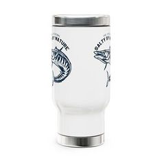 a white tumbler cup with two fish on it