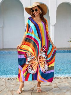 Cotton Colorful Stripe Butterfly Print Beach Coverup Robe Style Holiday Sunscreen Shirt Swimwear Coverup Beach Kaftan Dress, Swimwear Coverup, Beach Blouse, Morning Dress, Beach Kaftan, Print Swimwear, Long Kimono, Boho Print, Kaftan Dress