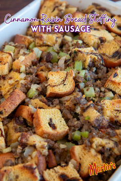 Thanksgiving wouldn’t be complete without a flavorful stuffing recipe. Try this Cinnamon Raisin Bread Stuffing with Sausage. It’s filled with Martin’s Cinnamon Raisin Swirl Potato Bread cubes, hot Italian sausage, vegetables, and fresh herbs. Pretzel Stuffing, Bread And Sausage, Bread Thanksgiving, Thanksgiving Stuffing Recipe, Pretzel Bread