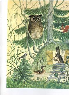 an owl sitting on top of a tree next to other animals in a forest with trees