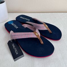 New With Tags Navy Sandals For Summer Beach Season, Navy Sandals For Beach In Spring, Navy Sandals For Beach And Spring Season, Nautica Shoes, Blue Pin, Pin Stripe, Sandals Women, S 10, Women's Shoes Sandals