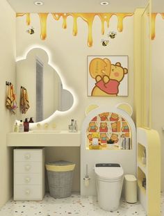 the bathroom is decorated in pastel colors and has a teddy bear on the wall