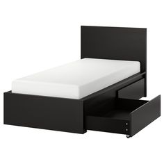 a bed with two drawers underneath it and a white sheet on the bottom half of the bed