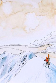 a man standing on top of a snow covered slope next to a sky filled with clouds