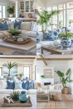 the living room is decorated in blue and white colors with tropical plants on the coffee table