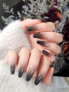 Multicolor  Collar   Ombre Color Nails Embellished   Beauty Tools Silver Black Ombre Nails, White To Black Ombre Nails, Red And Black Ombre Nails Coffin, Black Ombre Nails Coffin, Colourful Ombre Nails, Black Fade Nails, Nail Art Designs Dark, Ombre Black Nails, Halloween Ombre Nails