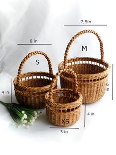 three wicker baskets with measurements for each basket