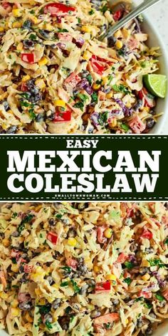 mexican coleslaw in a white bowl with the title overlay reading easy mexican coleslaw