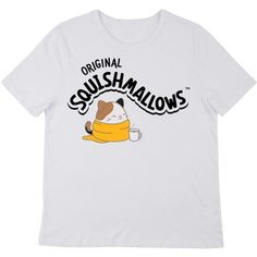 Cozy up with your favorite Squishmallows and this comfy tee. The shirt features an image of Cam the Cat wrapped in a blanket and sipping on a mug of hot cocoa while black letters above the character spell out the Original Squishmallows logo. The tee comes in a white short sleeve crew neck. Fans of the Squishmallows will love this comfy t-shirt. Cozy Cotton T-shirt For Loungewear, Casual Cartoon Print T-shirt For Loungewear, White Cartoon Print T-shirt For Loungewear, Comfy Cotton Tops With Graphic Print, Cozy Letter Print T-shirt For Loungewear, Cozy Cotton T-shirt With Graphic Print, Cozy White Graphic Print T-shirt, Cozy Relaxed Fit T-shirt With Graphic Print, White Top With Graphic Print And Cozy Fit