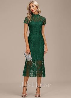 [US$ 254] Sheath/Column High Neck Illusion Tea-Length Lace Cocktail Dress Cocktail Dress Classy Evening, Fall Cocktail Dress, Cocktail Dresses With Sleeves, Cocktail Dress Classy, Green Cocktail Dress, Chiffon Cocktail Dress, Green Lace Dresses, Wedding Guest Attire, Coctail Dresses