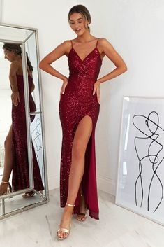 Luxury fitted sequin gown Colour: Burgundy Fully lined Back zip Adjustable straps Approx length: 155cm 95% polyester 5% elastane Care: hand wash only  The model is wearing a size S The model is 5'10 height Jessica Rabbit Dress Prom, Red Prom Looks, Sequin Red Dress, Red Sequin Prom Dress, Red Glitter Dress, Burgundy Sequin Dress, Ireland Dress, Gala Party, Red Sequin Dress